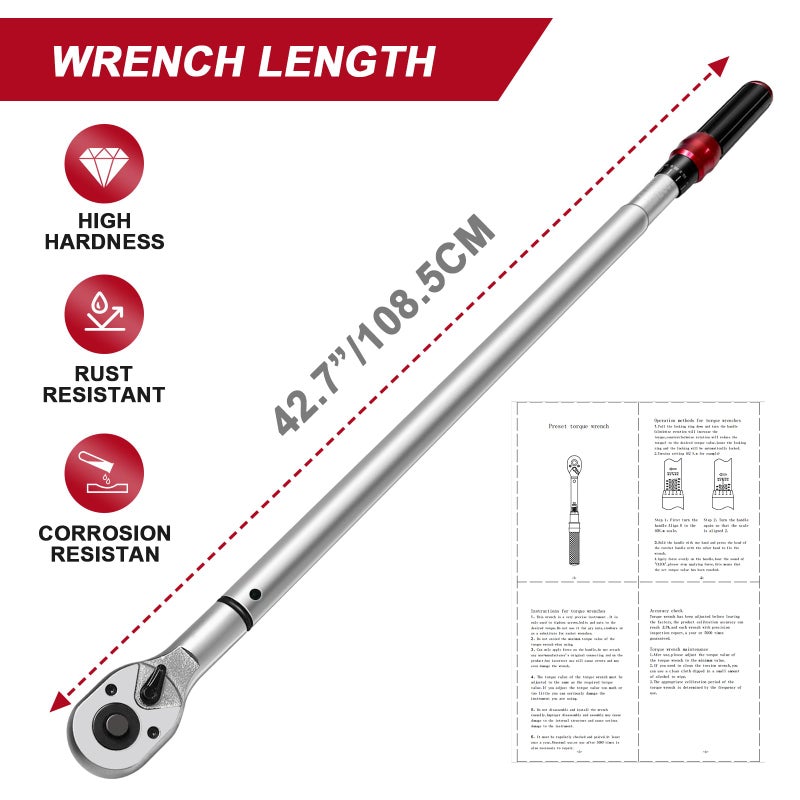 Roartisa 3/4 Torque Wrench, 100-600ft.lb/135.5-815Nm Dual-Direction Adjustable High Accuracy Torque Wrench 3/4 Drive, Â±3% Click with Buckle for Car Trucks Oil Rigs Off-Road Equipment - Image 2