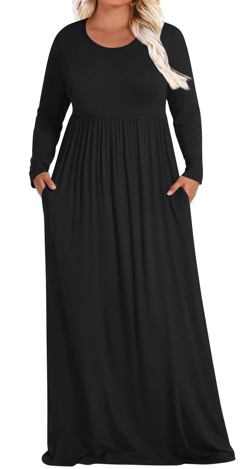 POPYOUNG Plus Size Maxi Dress for Womens Casual Dresses Winter Long Sleeves Long Dress with Pockets 2XL, Black - Image 1