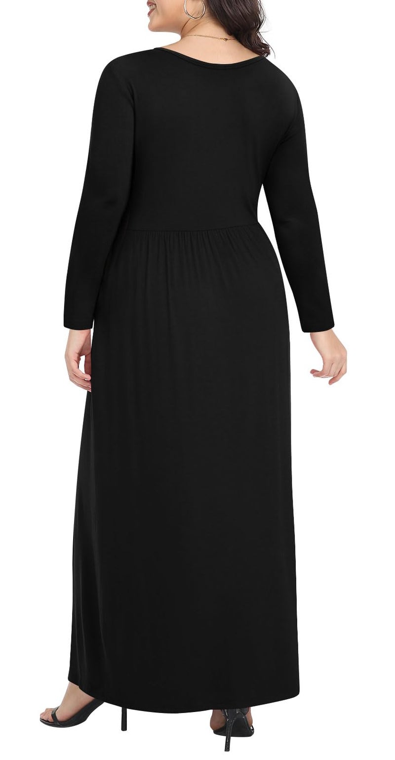 POPYOUNG Plus Size Maxi Dress for Womens Casual Dresses Winter Long Sleeves Long Dress with Pockets 2XL, Black - Image 3