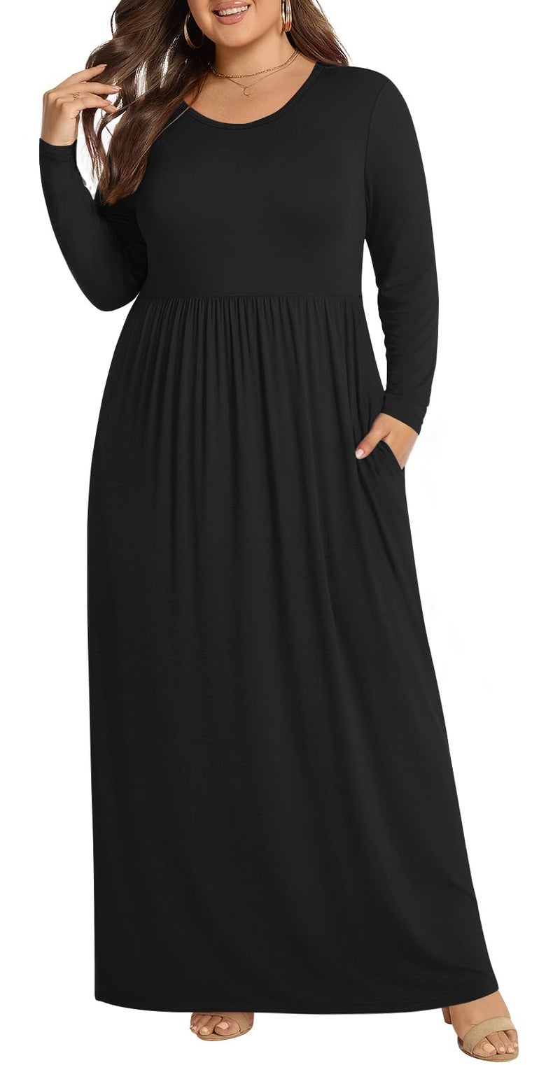POPYOUNG Plus Size Maxi Dress for Womens Casual Dresses Winter Long Sleeves Long Dress with Pockets 2XL, Black - Image 2