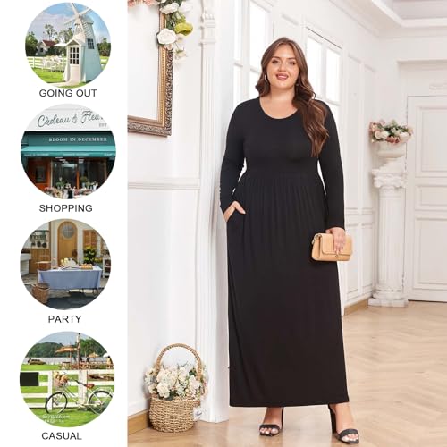 POPYOUNG Plus Size Maxi Dress for Womens Casual Dresses Winter Long Sleeves Long Dress with Pockets 2XL, Black - Image 5