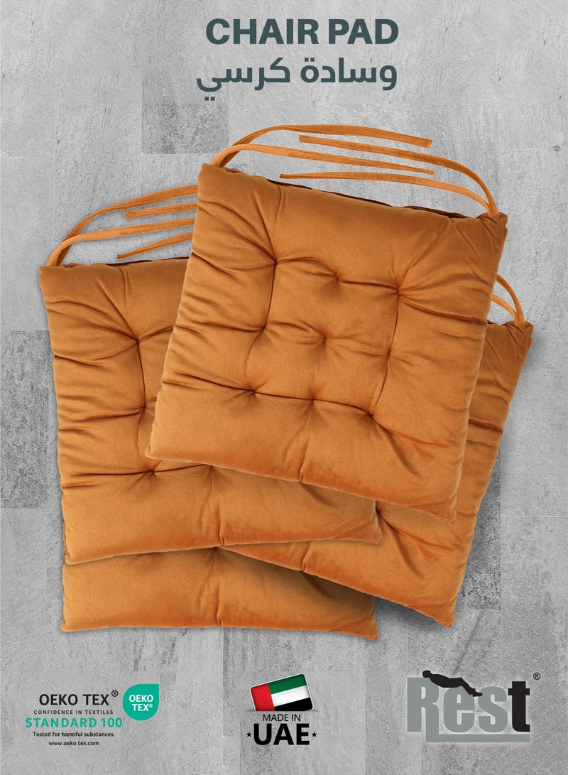 REST Pack of 4 Velvet Soft Chair Pad with Seat Ties Suitable for Garden , Kitchen and Office Chairs Indoor and Outdoor  Tan 40x40cm - Image 1