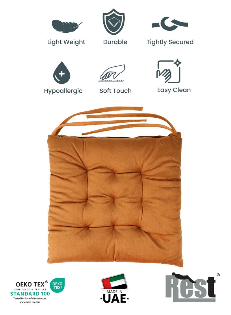 REST Pack of 4 Velvet Soft Chair Pad with Seat Ties Suitable for Garden , Kitchen and Office Chairs Indoor and Outdoor  Tan 40x40cm - Image 2