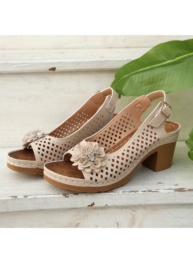 Women's Shoes Large Size Floral High-heeled Sandals For Women Summer New European And American Fashion Thick-heeled Buckle Sandals For Women