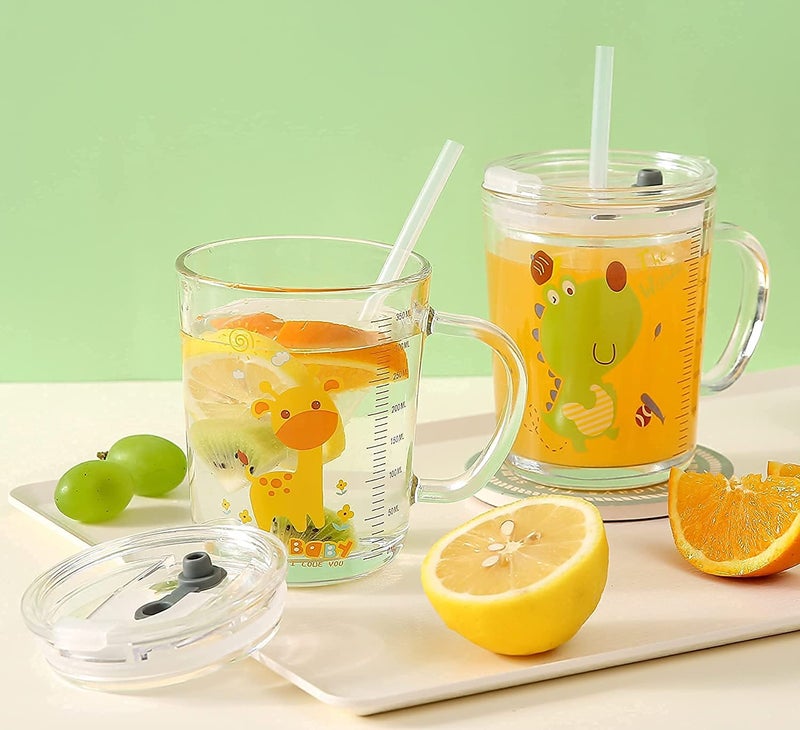 Nirgun Empex Glass Tumbler Milk Cup with Silicone Straw and Lid Handle for Kids Adult Water Mug with Scale Juice and Drinking Mug for Kids Random Design 400 ml Pack of 1 - Image 2