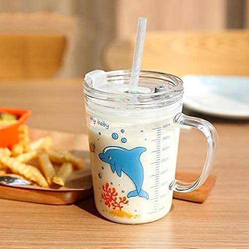 Nirgun Empex Glass Tumbler Milk Cup with Silicone Straw and Lid Handle for Kids Adult Water Mug with Scale Juice and Drinking Mug for Kids Random Design 400 ml Pack of 1 - Image 5