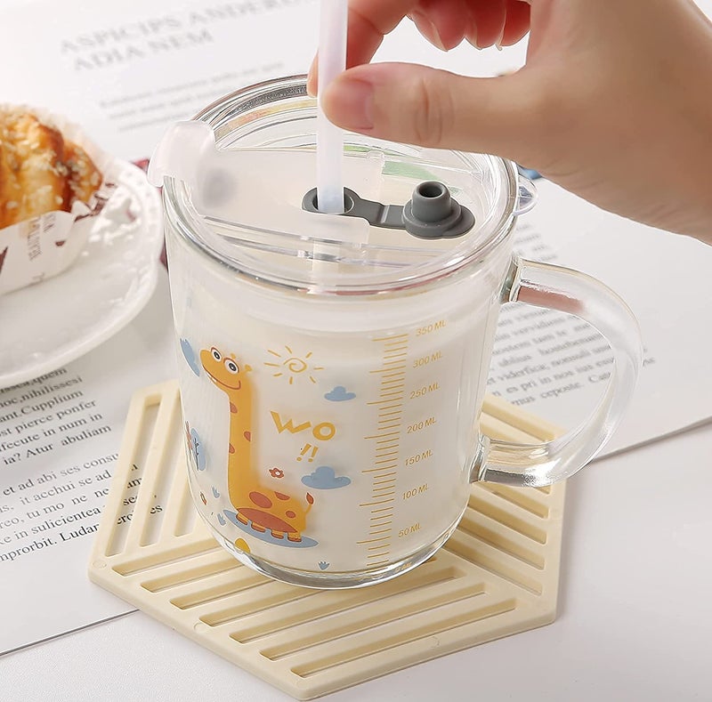 Nirgun Empex Glass Tumbler Milk Cup with Silicone Straw and Lid Handle for Kids Adult Water Mug with Scale Juice and Drinking Mug for Kids Random Design 400 ml Pack of 1 - Image 3