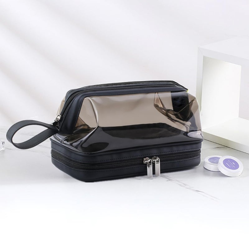 Dual Layer Waterproof Cosmetic Bag Travel Organizer With Dry Wet Separation Tea Color - Image 5