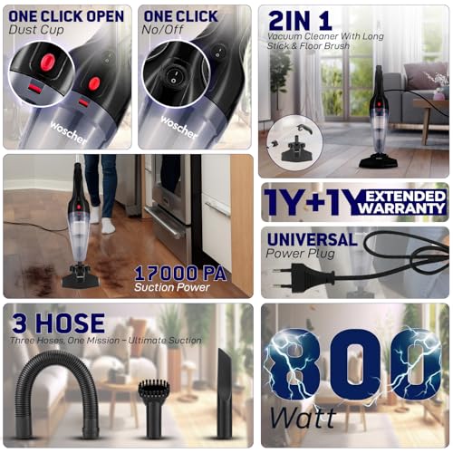 WOSCHER HomeVac Pro Home Vacuum Cleaner for Home Use Wet and Dry 2in1 Vacuum Cleaner for Sofa Handheld Upright with Stick & Floor Brush | |800 Watts |17kPA Suction Power | HomeVac Pro - Image 2