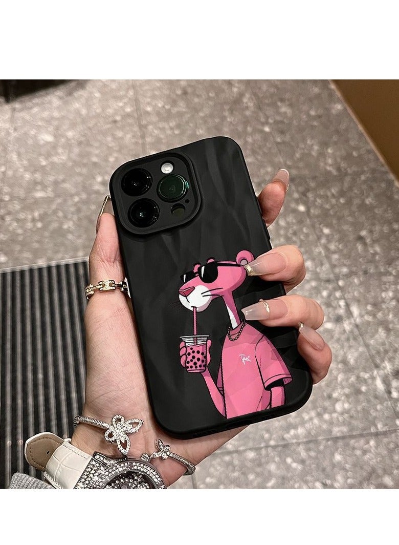 NIBEMINENT Drink Milk Tea Pink Panther Protective TPU Case Cover For IPhone 15 Pro Max, Black