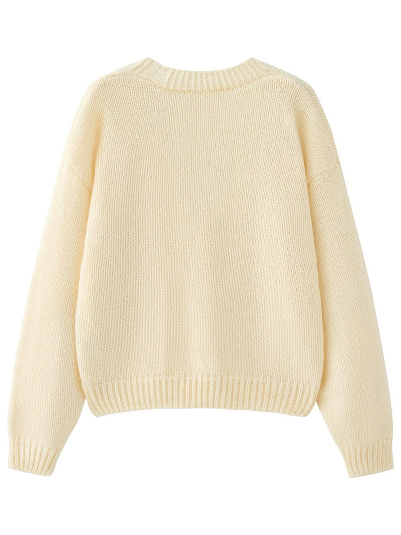 HOULENGS Women's Kawaii Flower Embroidered Button Down Cardigan Sweater Long Sleeve V Neck Knitted Crop Sweater Coat 02Beige One Size - Image 2