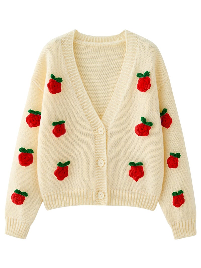 HOULENGS Women's Kawaii Flower Embroidered Button Down Cardigan Sweater Long Sleeve V Neck Knitted Crop Sweater Coat 02Beige One Size - Image 1