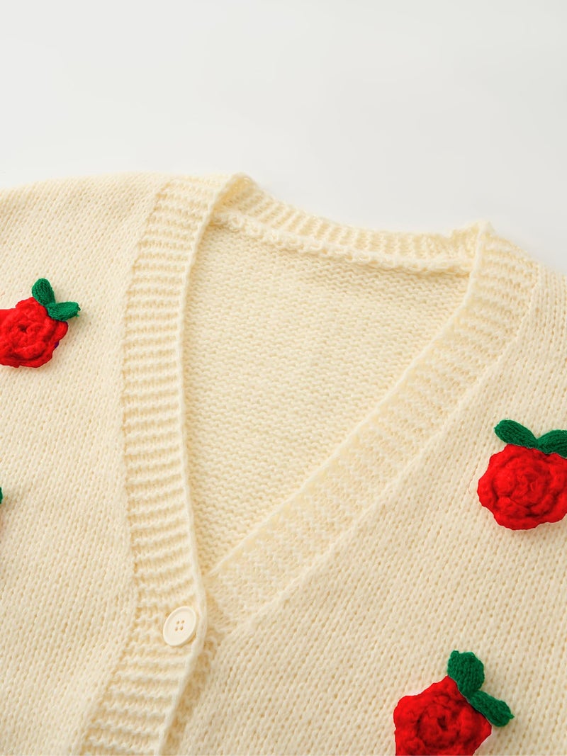 HOULENGS Women's Kawaii Flower Embroidered Button Down Cardigan Sweater Long Sleeve V Neck Knitted Crop Sweater Coat 02Beige One Size - Image 3