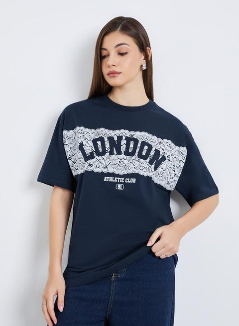 Women Navy Blue London Slogan Oversized T-Shirt