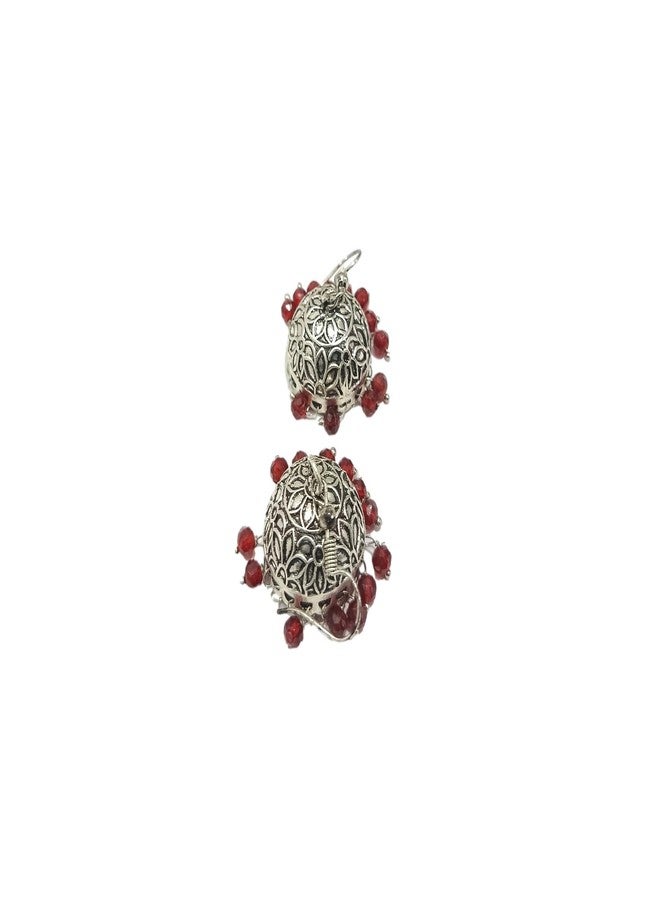 ATHZ Jaipur Oxidised Brass Metal Jhumki Earrings with Red Moti beads embellishment for women fashion - Image 4