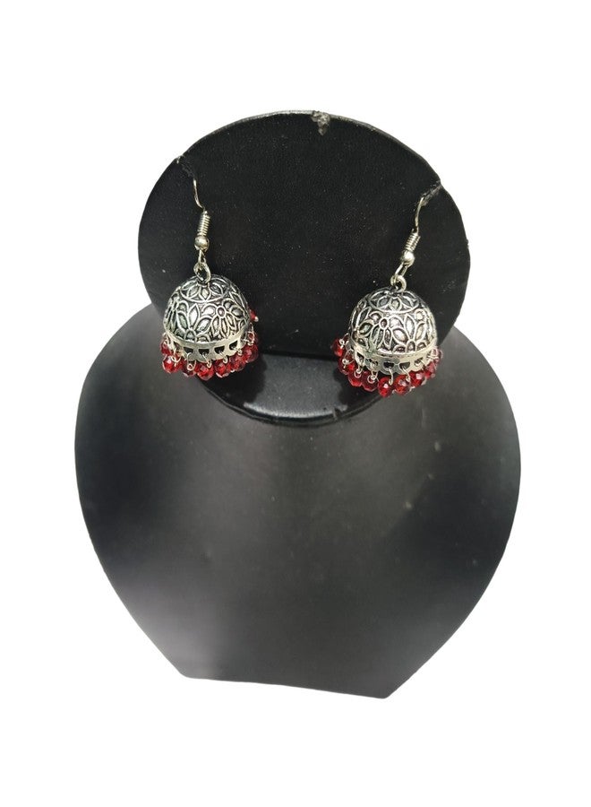 ATHZ Jaipur Oxidised Brass Metal Jhumki Earrings with Red Moti beads embellishment for women fashion - Image 3