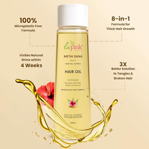 La Pink Methi Dana 8-in-1 Hair Oil For Hair Growth & Thickness 200ml | Reduces Hair Fall, Dandruff & Baldness | Enriched with Hibiscus, Bhringraj, Indian Bay Leaf & Onion - Image 2