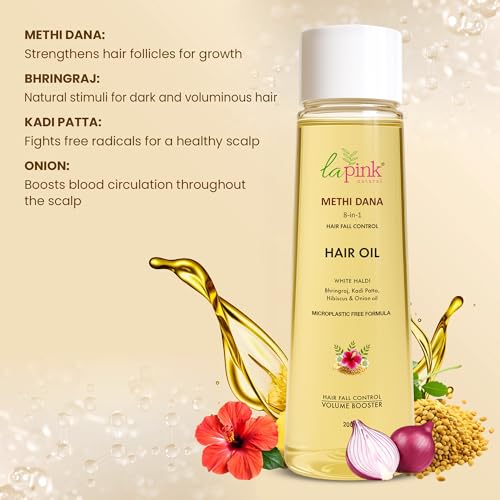 La Pink Methi Dana 8-in-1 Hair Oil For Hair Growth & Thickness 200ml | Reduces Hair Fall, Dandruff & Baldness | Enriched with Hibiscus, Bhringraj, Indian Bay Leaf & Onion - Image 3