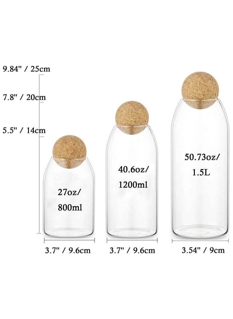 Glass Jar with Ball Cork Lid, Glass Canister with Wood Lid, Storage Container Jars for Coffee, Tea, Spice, Sugar, Salt, Set of 3 (3 PC, 800ml+1200ml+1600ml)