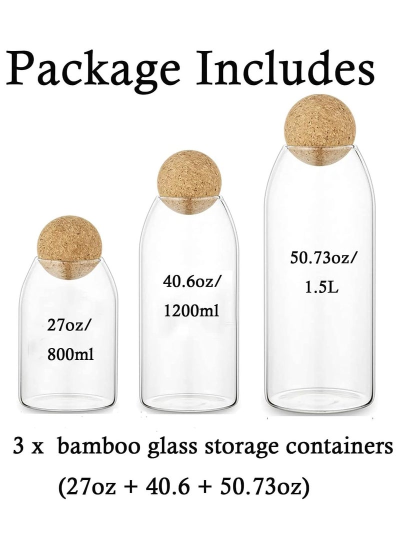Glass Jar with Ball Cork Lid, Glass Canister with Wood Lid, Storage Container Jars for Coffee, Tea, Spice, Sugar, Salt, Set of 3 (3 PC, 800ml+1200ml+1600ml)