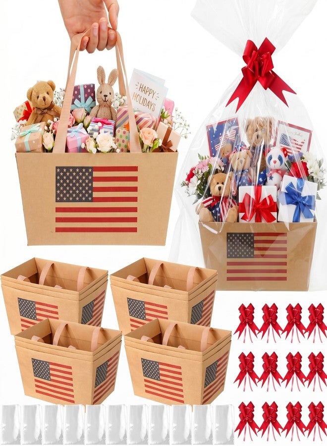 Funnymoom 12 Pcs 4th of July Kraft Basket for Gifts Empty with Cellophane Bag & Ribbon Brown 250th Anniversary Flag Gift Wrapping Basket for American Memorial Day Birthday Party Favor Supply 9.8x6.5'' - Image 1