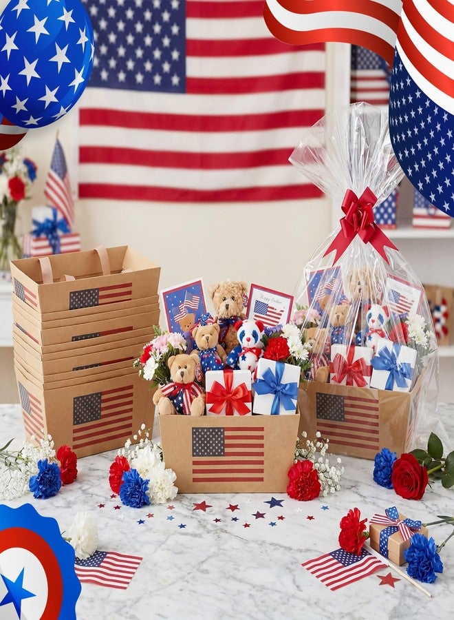 Funnymoom 12 Pcs 4th of July Kraft Basket for Gifts Empty with Cellophane Bag & Ribbon Brown 250th Anniversary Flag Gift Wrapping Basket for American Memorial Day Birthday Party Favor Supply 9.8x6.5'' - Image 2