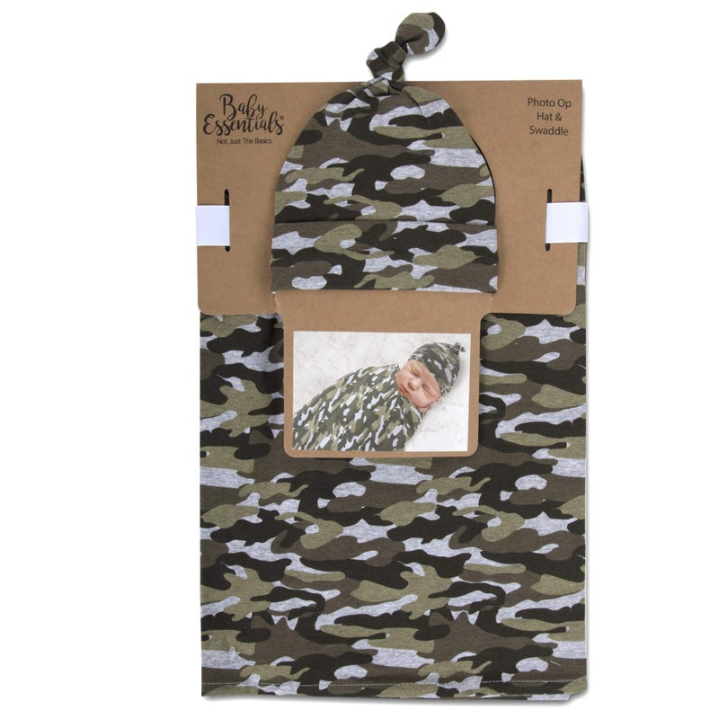 Baby Essentials Baby Cotton Swaddle Blanket Wrap with Headband or Hat Set for Baby Girls Boys Newborns and Infants 06 Months Camo 