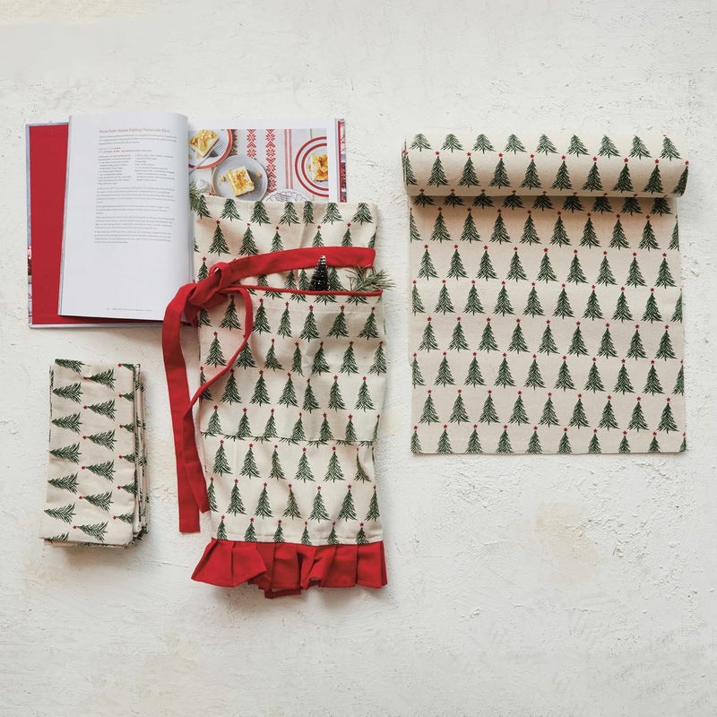 Creative CoOp Stonewashed Cotton Napkins with Christmas Tree Print Natural Green and Red Set of 4 - Image 3