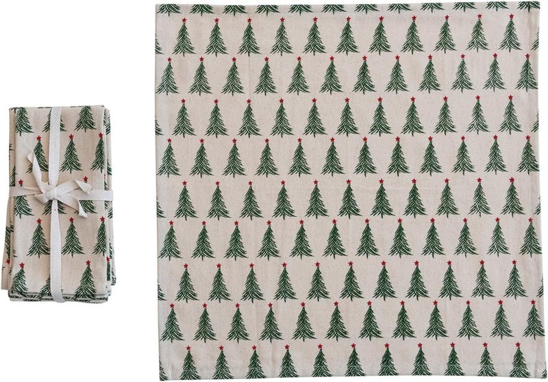 Creative CoOp Stonewashed Cotton Napkins with Christmas Tree Print Natural Green and Red Set of 4 - Image 1