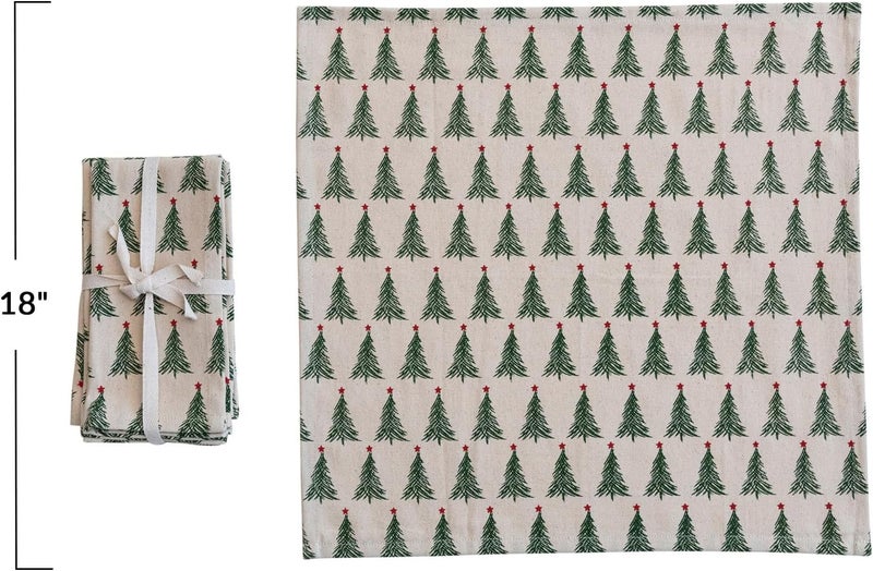 Creative CoOp Stonewashed Cotton Napkins with Christmas Tree Print Natural Green and Red Set of 4 - Image 2