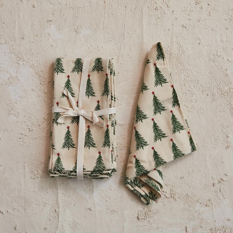 Creative CoOp Stonewashed Cotton Napkins with Christmas Tree Print Natural Green and Red Set of 4 - Image 4