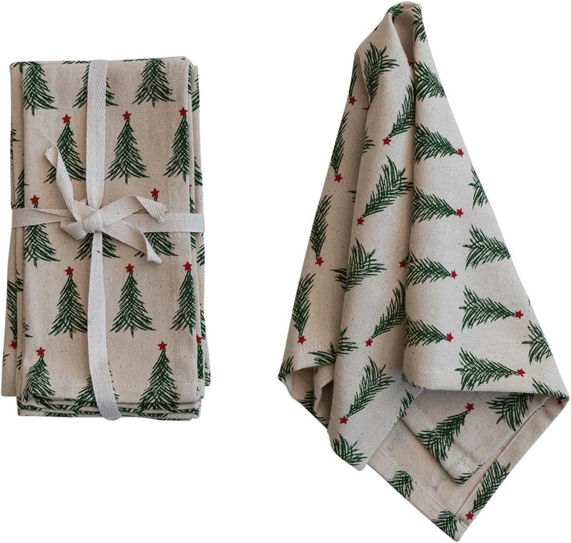 Creative CoOp Stonewashed Cotton Napkins with Christmas Tree Print Natural Green and Red Set of 4 - Image 5