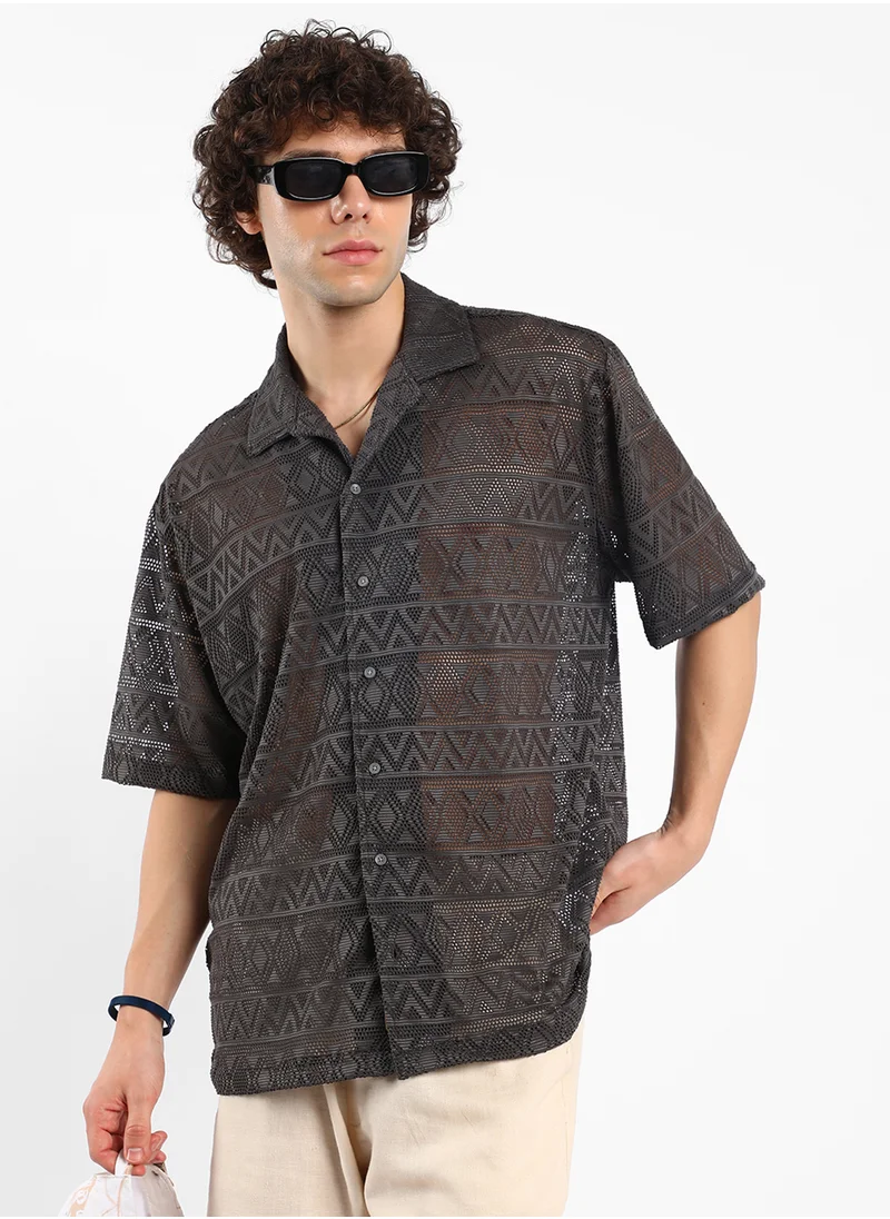 Campus Sutra Men's Chocolate Brown Conoid Knit Oversized Shirt