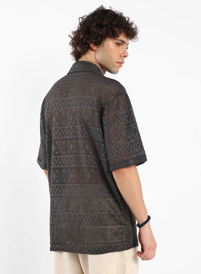كامبوس سوترا Men's Chocolate Brown Conoid Knit Oversized Shirt