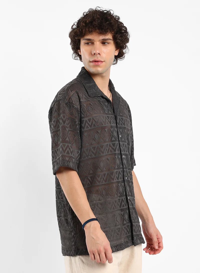 كامبوس سوترا Men's Chocolate Brown Conoid Knit Oversized Shirt