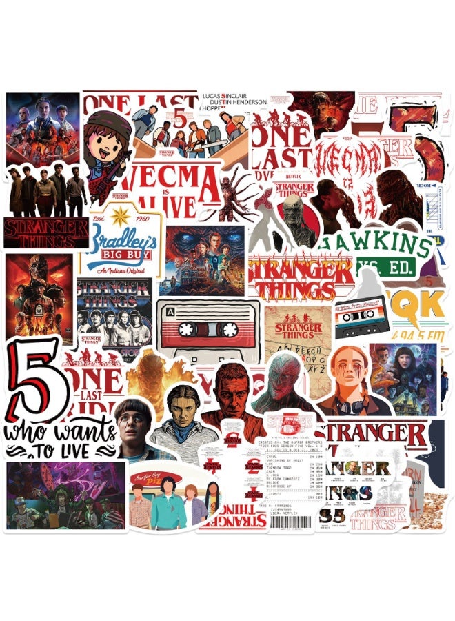50 قطعة ملصقات أفلام Stranger 5 للأطفال والمراهقين والفتيات والبالغين، ملصقات أفلام فينيل مقاومة للماء لزجاجات المياه ولوح التزلج والجيتار وحقيبة السفر والدراجة والكمبيوتر المحمول ومصد السيارة والأمتعة والهاتف - Image 1