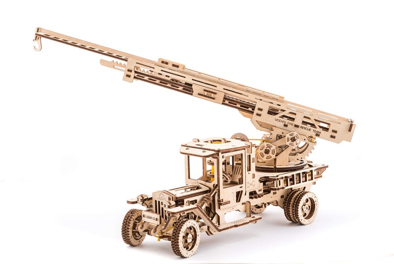 Ugears Fire Truck with Ladder Mechanical Puzzle Wooden Construction Set | STEM Learning DIY Kits for Adults | Building Sets for Kids | Assembly Puzzles for Adults | Mechanical Toys for Adult - Image 1