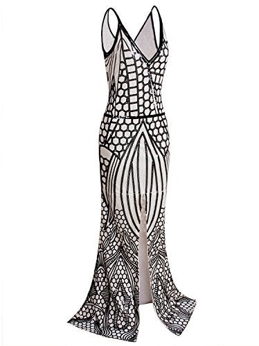Vijiv 1920s Long Slit Prom Dresses Deep V Neck Sequin Mermaid Bridesmaid Evening Dress , Black Beige , X-Large - Image 1
