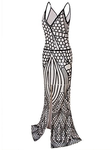 Vijiv 1920s Long Slit Prom Dresses Deep V Neck Sequin Mermaid Bridesmaid Evening Dress , Black Beige , X-Large - Image 3