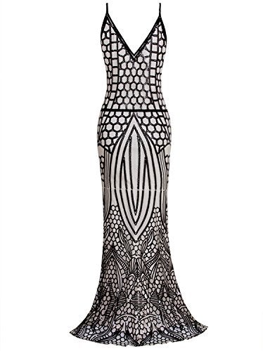 Vijiv 1920s Long Slit Prom Dresses Deep V Neck Sequin Mermaid Bridesmaid Evening Dress , Black Beige , X-Large - Image 4