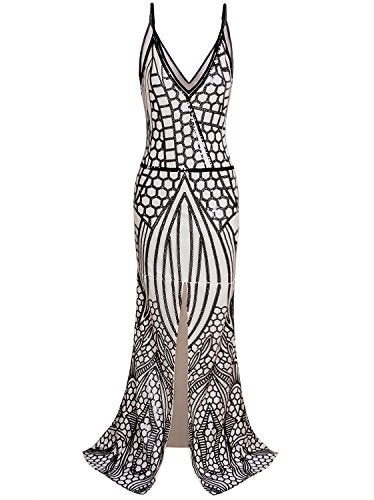 Vijiv 1920s Long Slit Prom Dresses Deep V Neck Sequin Mermaid Bridesmaid Evening Dress , Black Beige , X-Large - Image 2