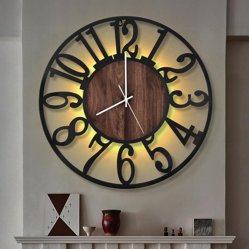LEIKE Large LED Wall Clocks,Silent,Non Ticking,Battery Operated Rustic Round Modern Big Wood Wall Clock for Living Room, Bedroom,Kitchen,Farmhouse,Office,Home Decor -24" Black,LED,Arabic Number - Image 1