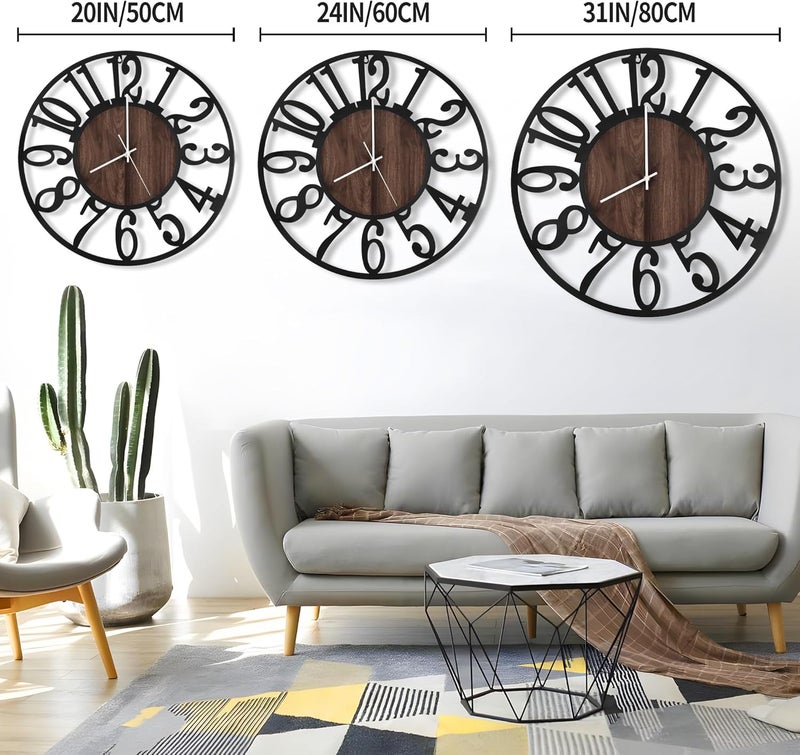 LEIKE Large LED Wall Clocks,Silent,Non Ticking,Battery Operated Rustic Round Modern Big Wood Wall Clock for Living Room, Bedroom,Kitchen,Farmhouse,Office,Home Decor -24" Black,LED,Arabic Number - Image 3