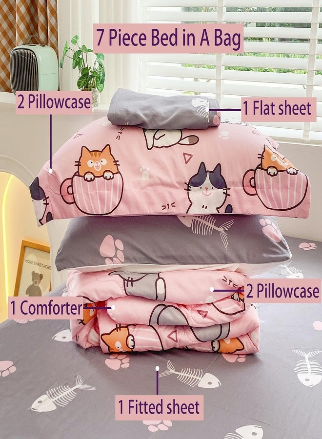 Gusuhome 7 Piece Girls Cat Comforter Set Full Size Bed in A Bag Pink Cute Cartoon Pet Cats Bedding Set for Kids Boys Teens (1 Comforter, 1 Flat Sheet, 1 Fitted Sheet, 4 Pillow Sham) Gray - Image 2