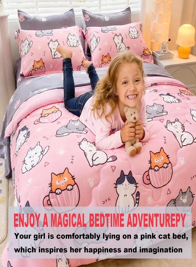 Gusuhome 7 Piece Girls Cat Comforter Set Full Size Bed in A Bag Pink Cute Cartoon Pet Cats Bedding Set for Kids Boys Teens (1 Comforter, 1 Flat Sheet, 1 Fitted Sheet, 4 Pillow Sham) Gray - Image 3