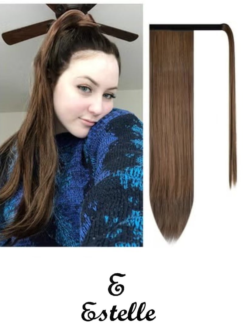 Estelle Long Straight  Hair Ponytail  Wrap Around  With Clip-in, Synthetic Fibre Hair Extensions  for Women, Darkest Brown mix Auburn Evenly 2/30 - Image 1