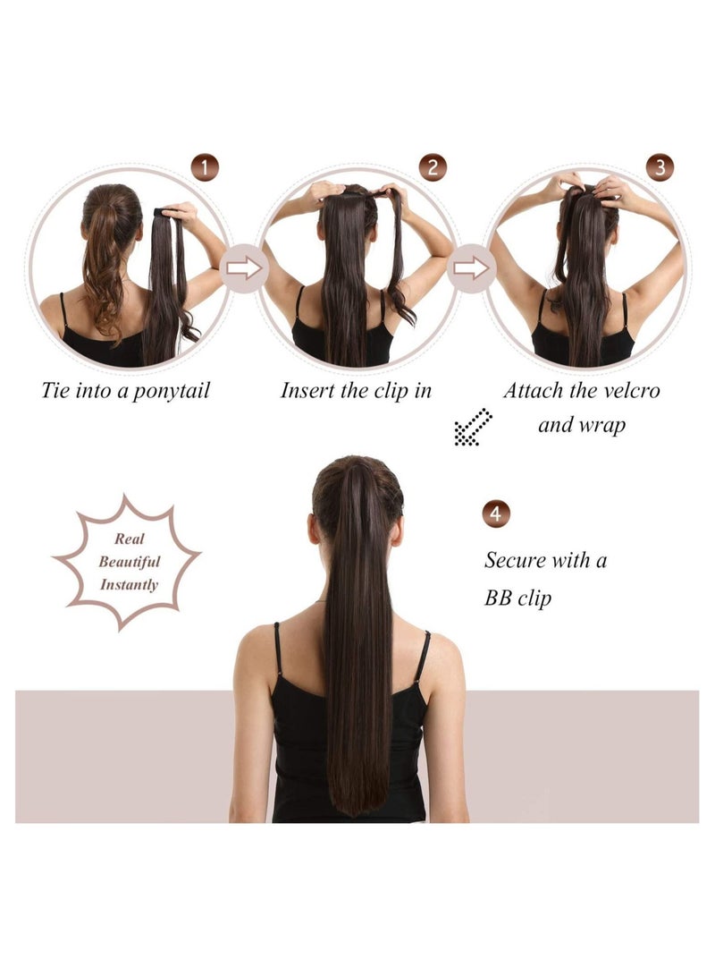 Estelle Long Straight  Hair Ponytail  Wrap Around  With Clip-in, Synthetic Fibre Hair Extensions  for Women, Darkest Brown mix Auburn Evenly 2/30 - Image 5