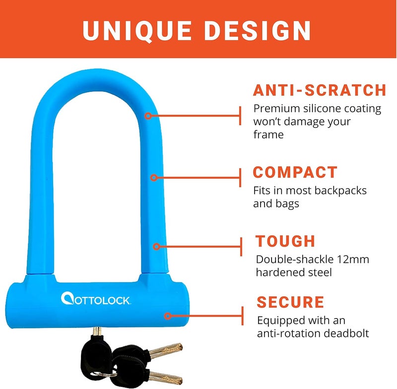OTTOLOCK Sidekick Compact U-Lock - Heavy Duty Anti Theft Bicycle U-Lock with Keys, Silicone-Coated, Bike Accessories, Blue - Image 4