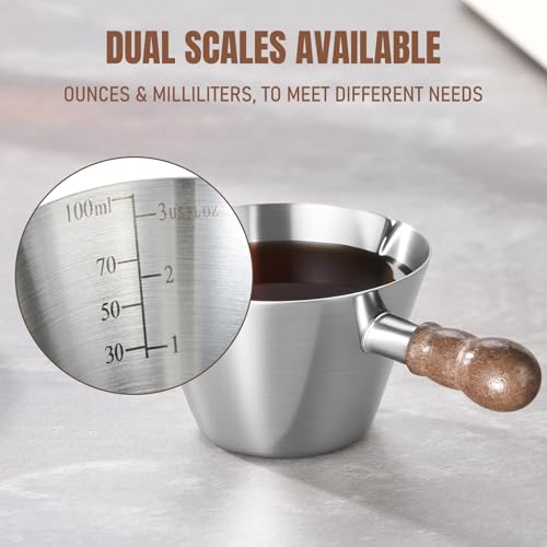 Baalaka 2 Pcs Espresso Cups with Handle,Stainless Steel Espresso Cups Set of 2, 3.4oz Double Spout Glass Measuring Cup, Milk Frothing Pitcher with Spout, Espresso Shot Cup with V-Shaped Mout(Silver) - Image 4