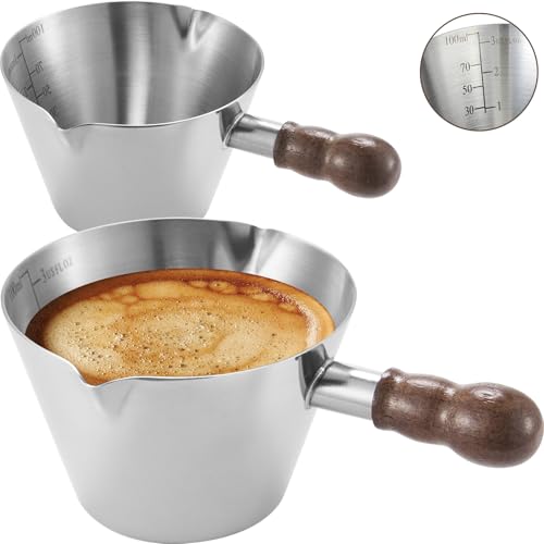 Baalaka 2 Pcs Espresso Cups with Handle,Stainless Steel Espresso Cups Set of 2, 3.4oz Double Spout Glass Measuring Cup, Milk Frothing Pitcher with Spout, Espresso Shot Cup with V-Shaped Mout(Silver) - Image 1